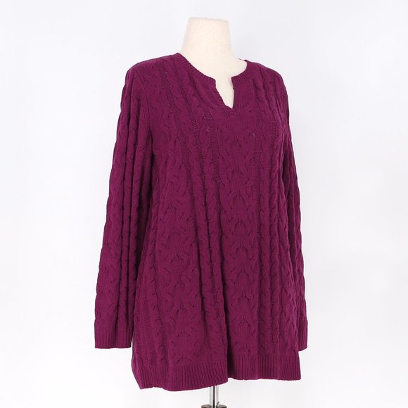 J.JILL Split-Neck Chenille Cable-Knit Tunic Sweater Plum Purple Size L - Picture 2 of 6